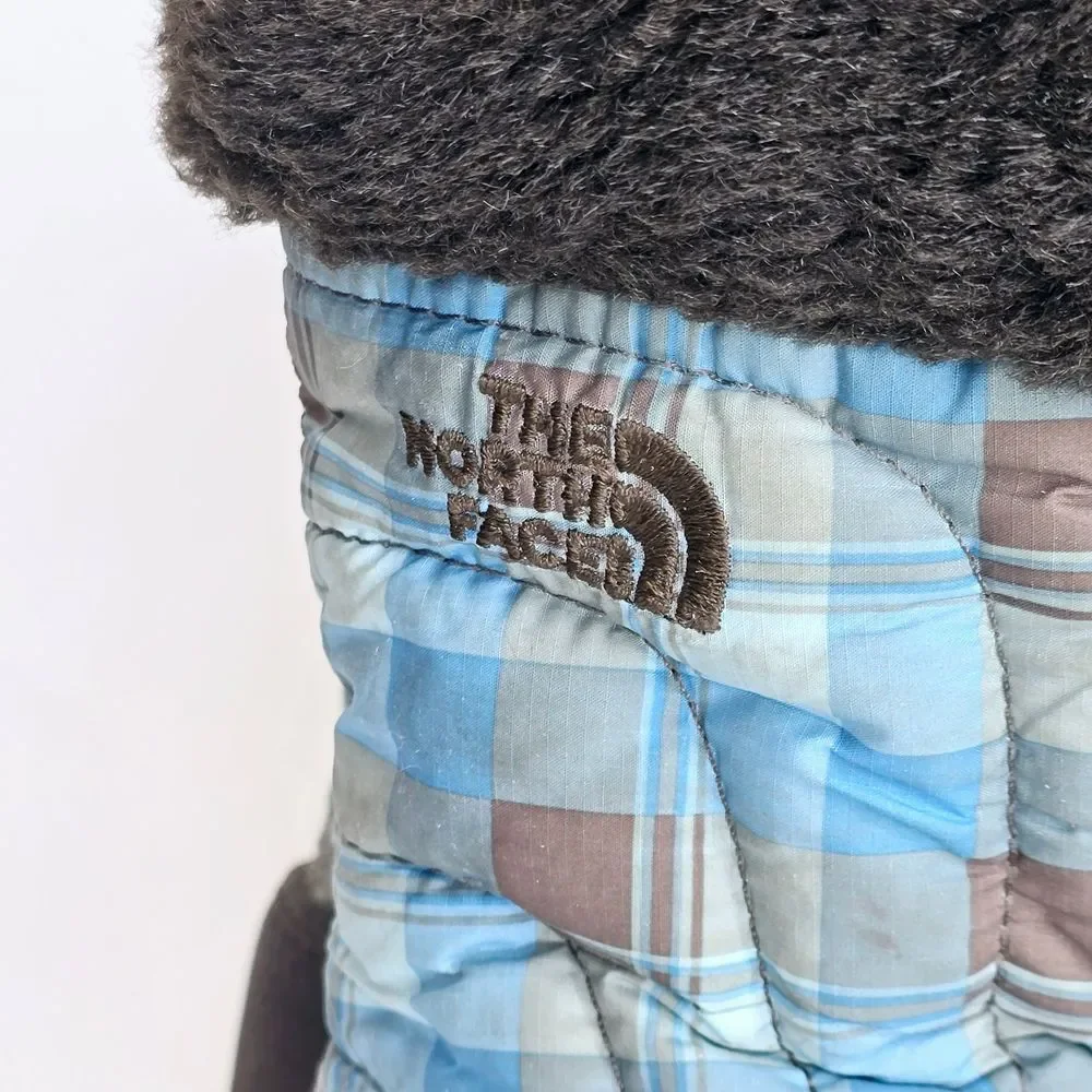 The North Face Winter Snow Boots Plaid Faux Fur Lined Waterproof Blue Brown Sz 4